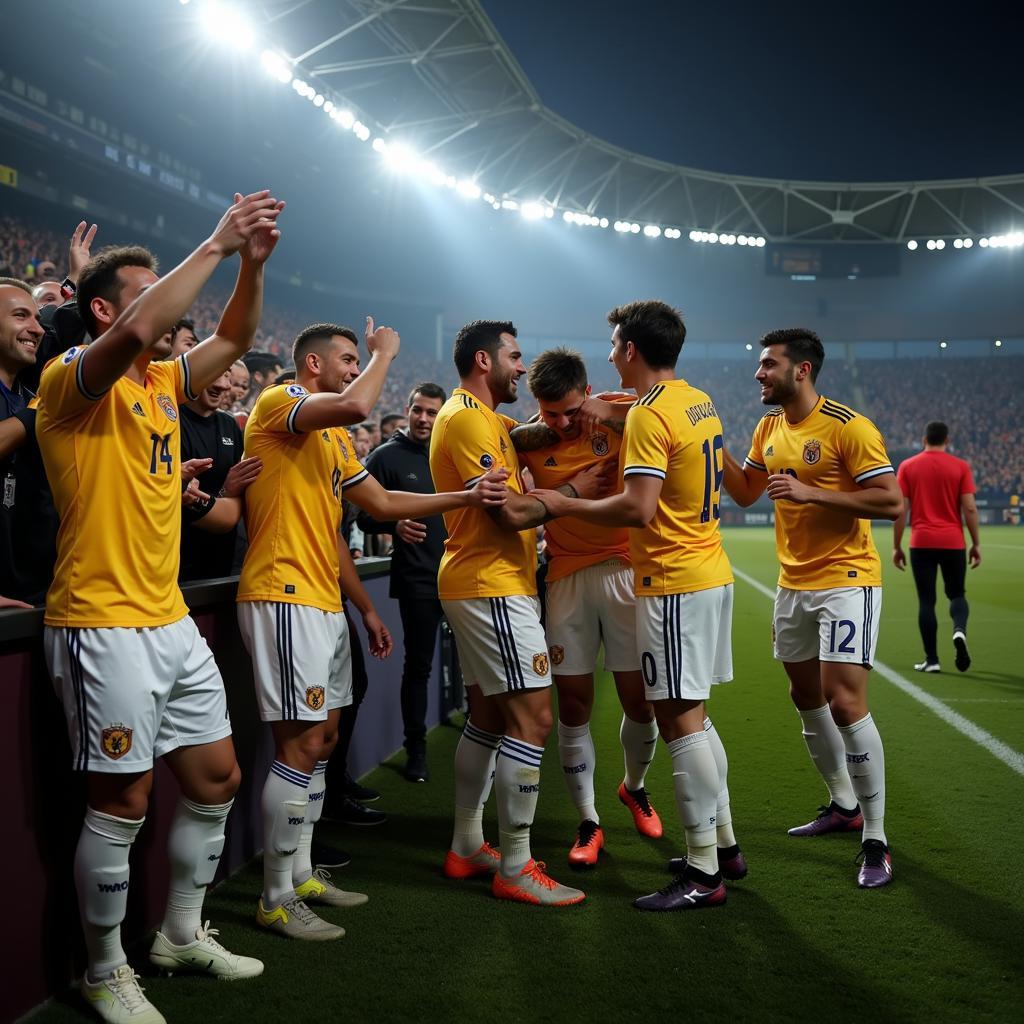 Players celebrating after the Argentina vs Morocco match.