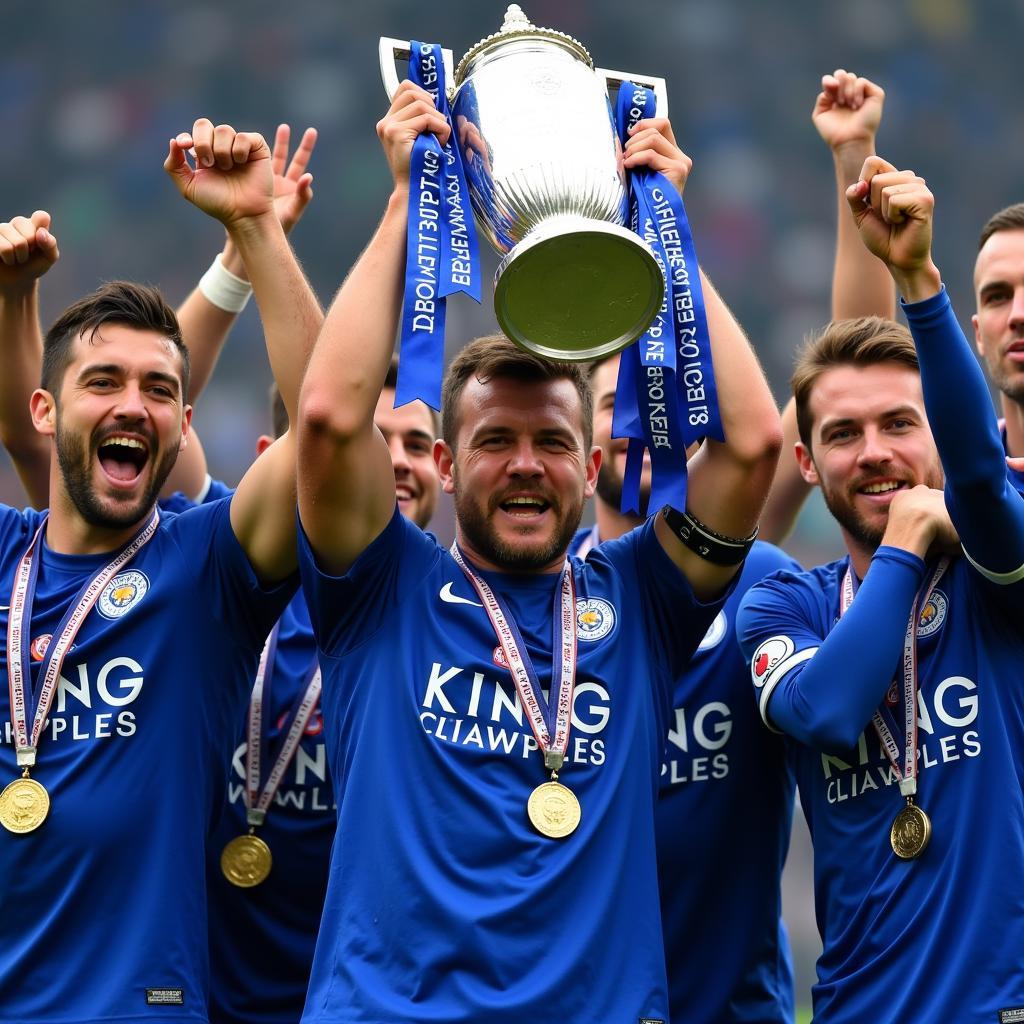 Leicester City Lifting the Premier League Trophy