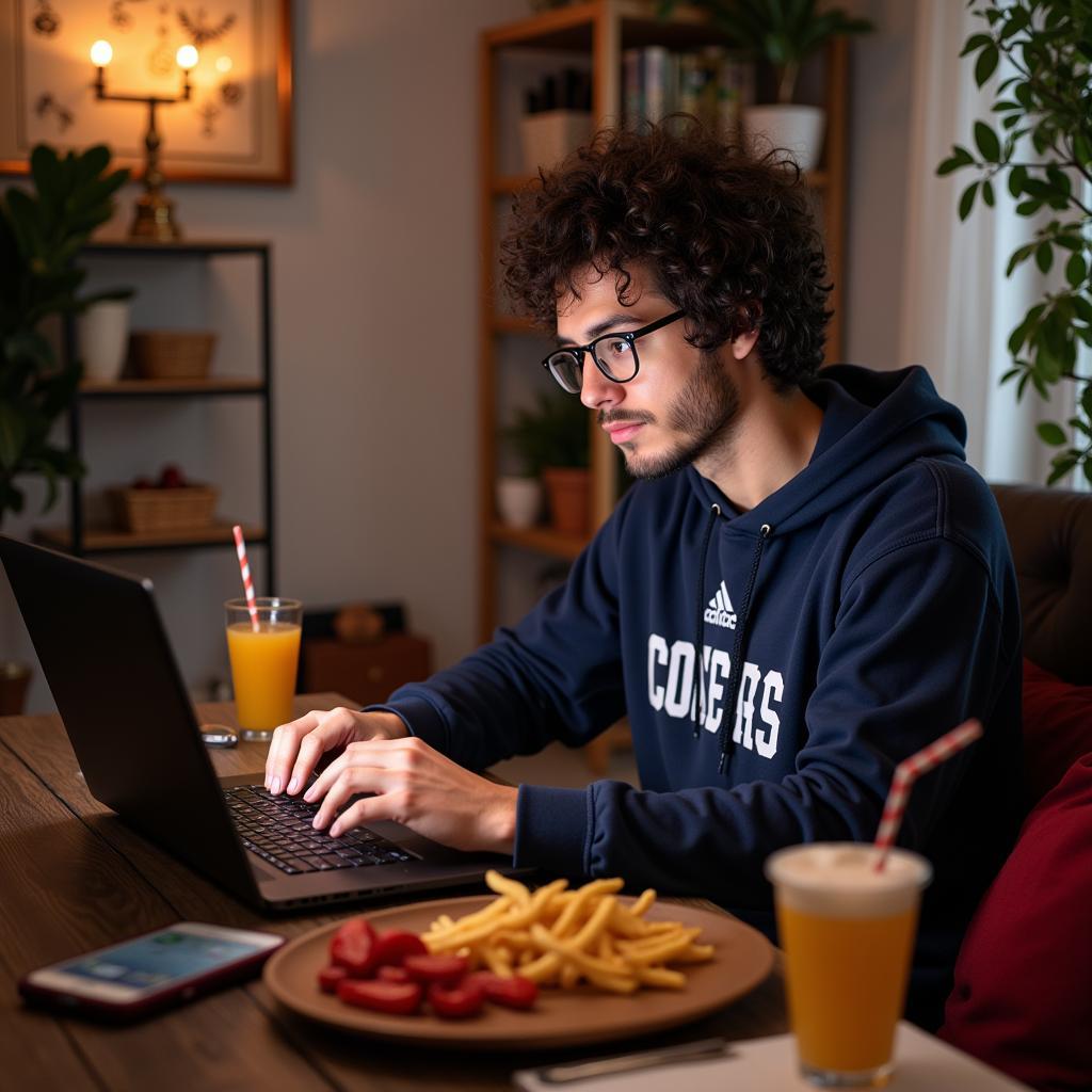 A fan setting up their laptop and snacks to watch a Bixby Spartan football live stream