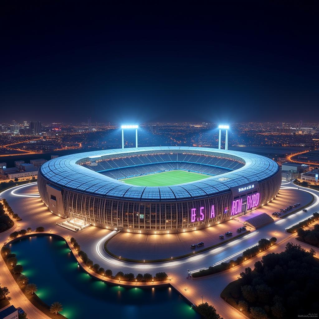 A stunning view of a Qatar 2022 stadium lit up at night