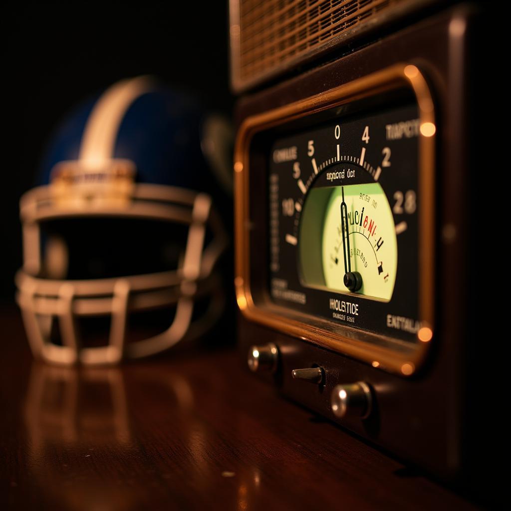 Radio dial tuned to a sports station with a football helmet in the background