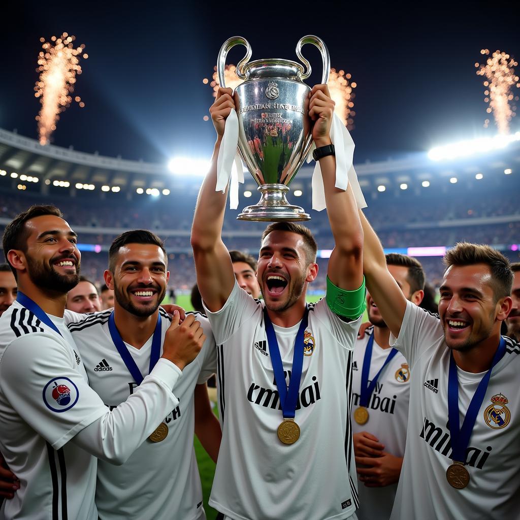 Real Madrid players lifting the Champions League trophy