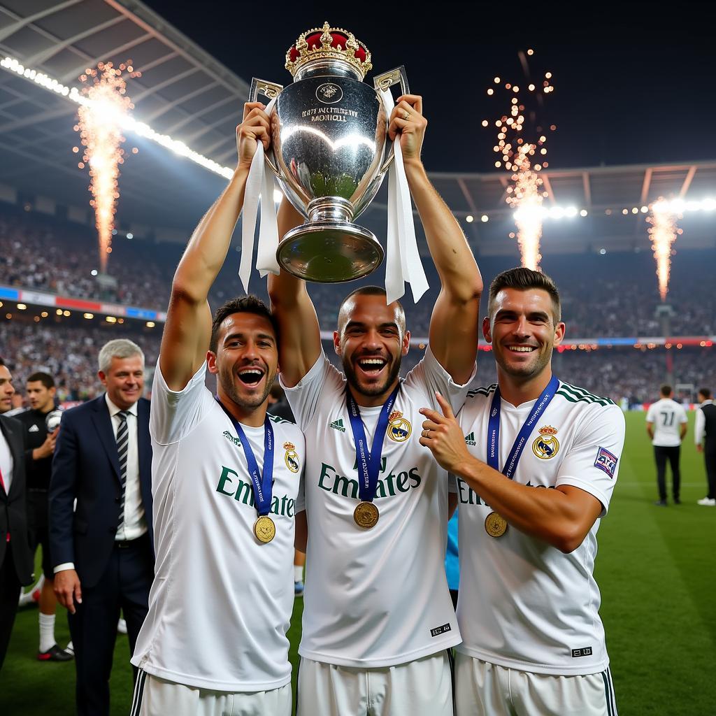 Real Madrid players lifting the Champions League trophy