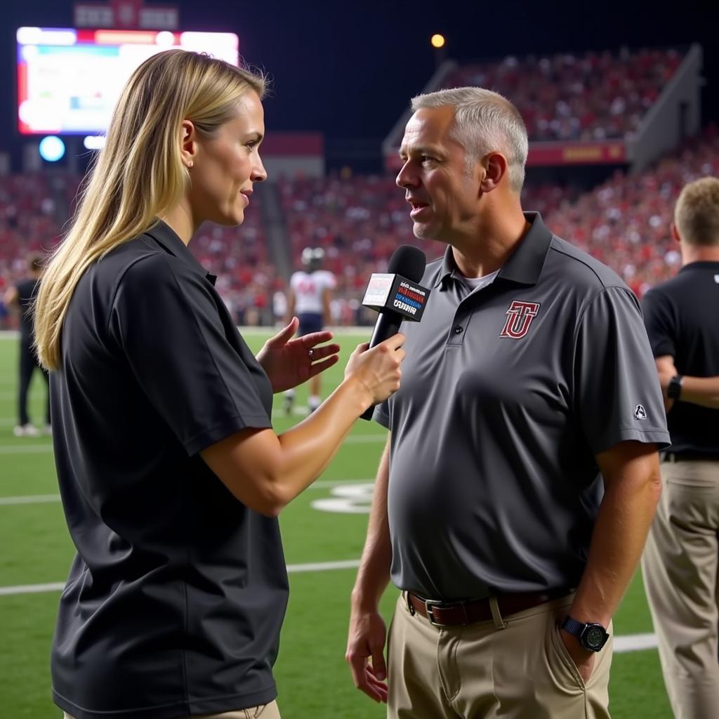 Samantha Ponder interviewing a college football coach