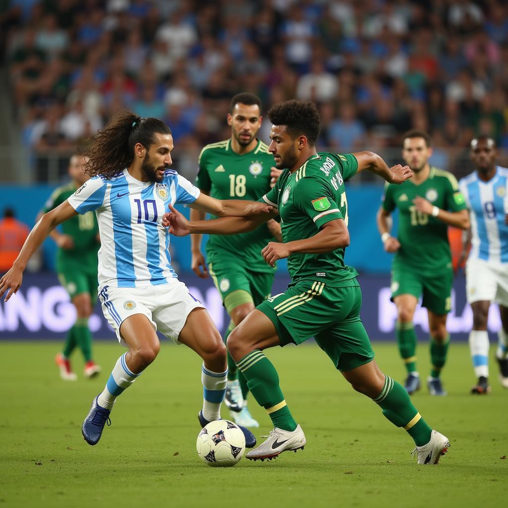 The Saudi Arabian defense stands strong, forming an impenetrable wall against Argentina's advances.