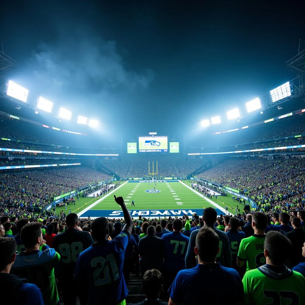 Seattle Seahawks fans cheering enthusiastically in a packed stadium