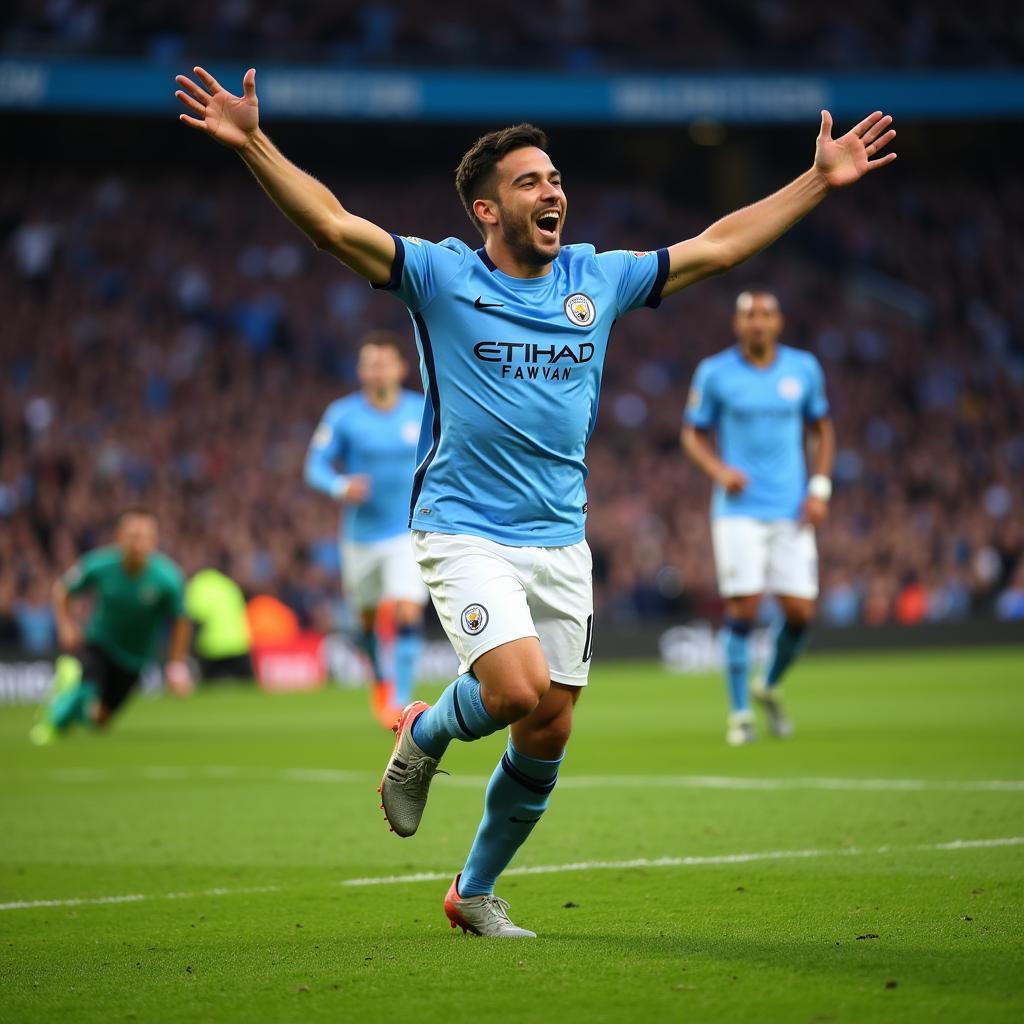 Sergio Agüero celebrates after scoring a goal for Manchester City.