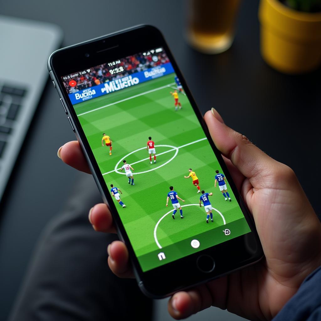 A smartphone displaying a live football game interface with detailed stats and scores.