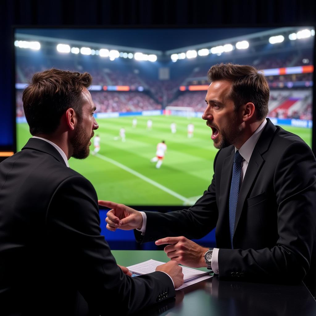 Sports commentators providing live analysis during an American Football game broadcast