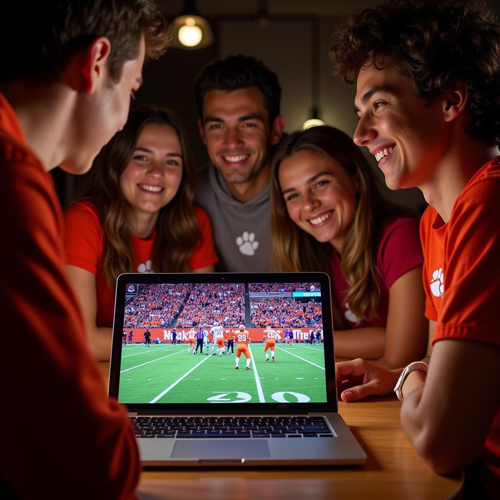 Streaming Clemson football game on a laptop with fans in the background