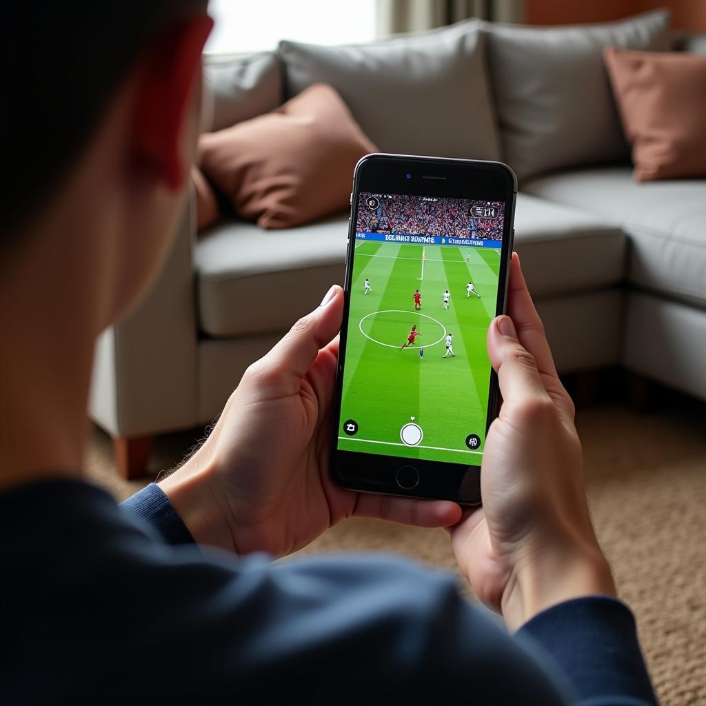 A person streaming a live football match on their smartphone while relaxing on a sofa