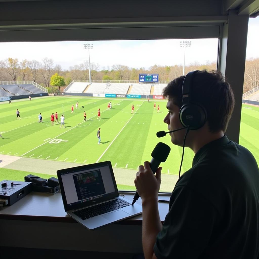 A student commentator broadcasting live from the press box during an Austintown Fitch football game.