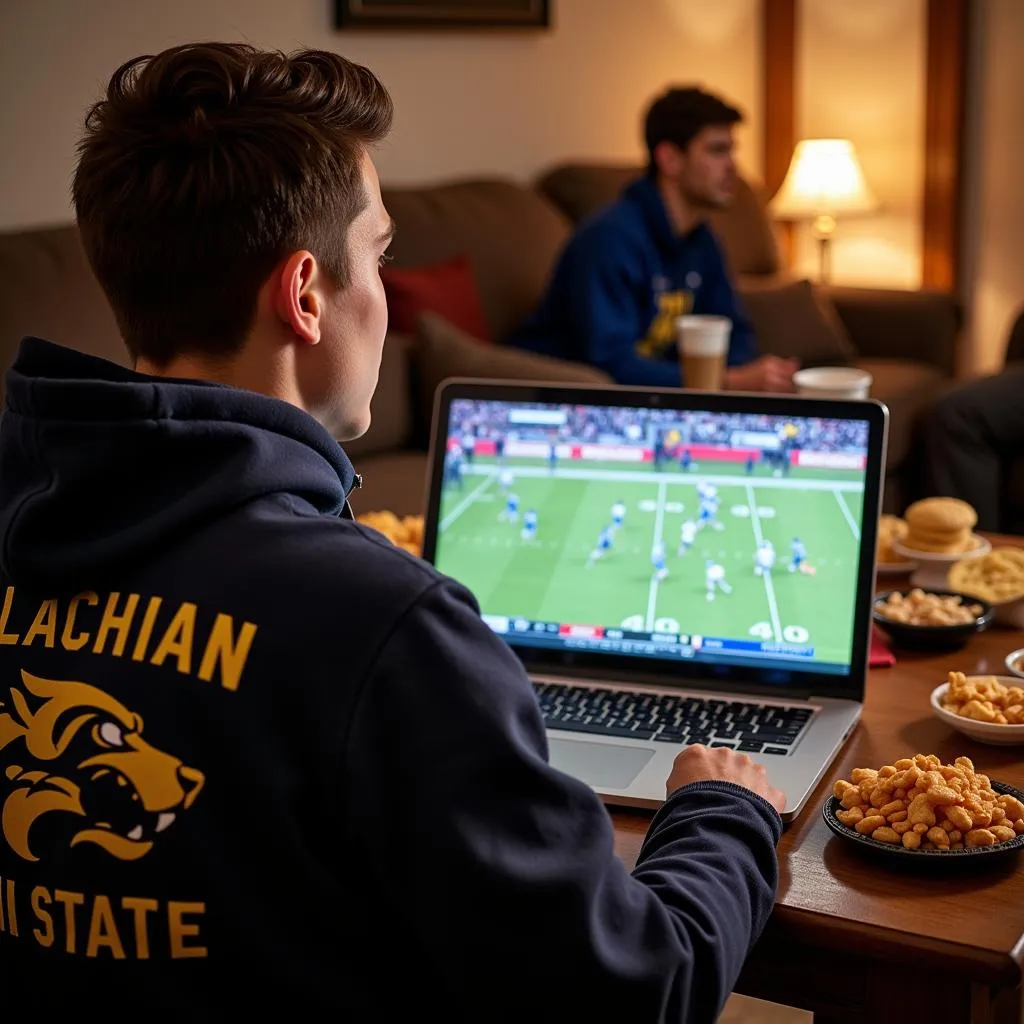 Student Watching App State Football on Laptop