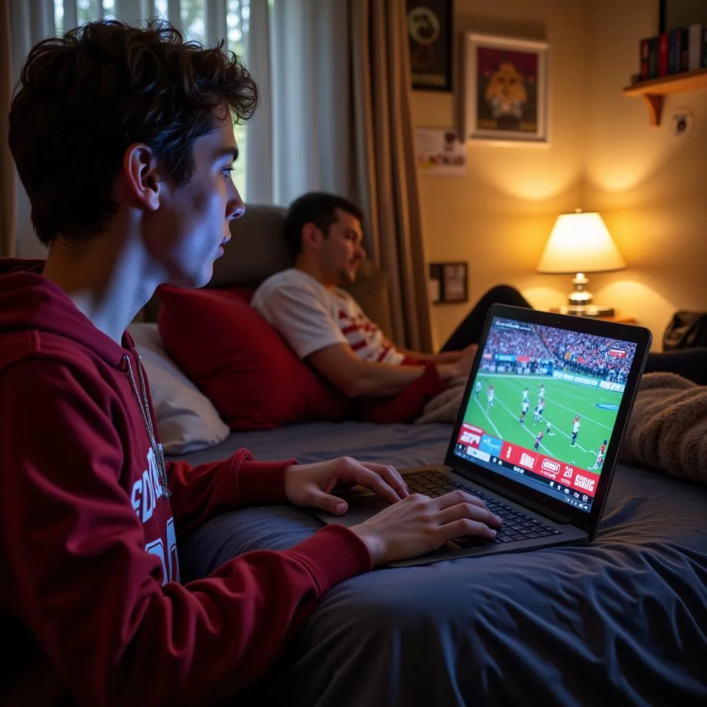 Student watching ESPN live stream college football on laptop