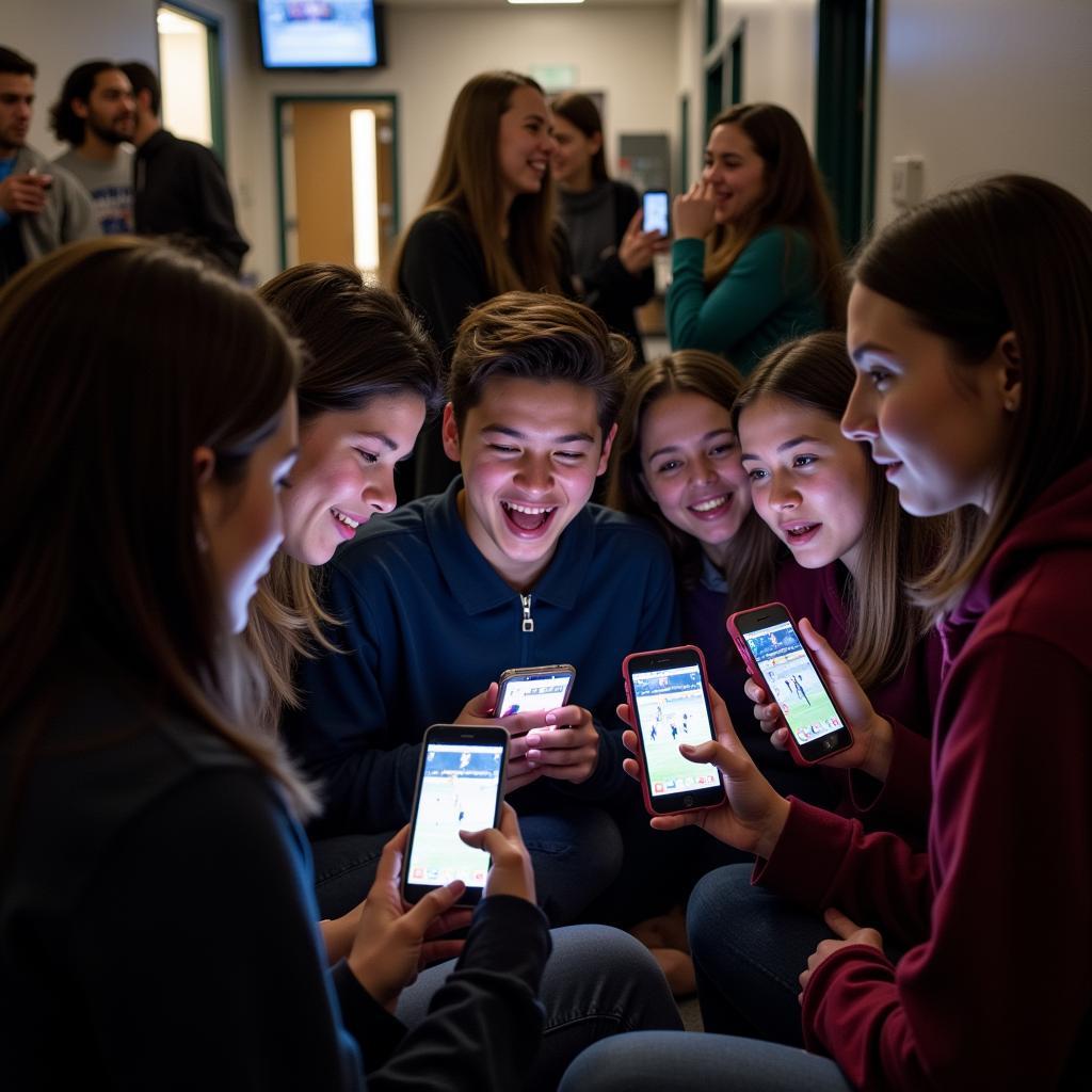 Students watching the Brookings SD high school football live stream on their phones