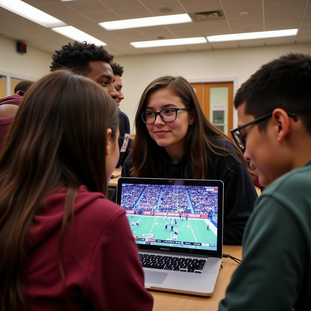 Students huddled around a laptop, watching highlights from a Buford High School football game