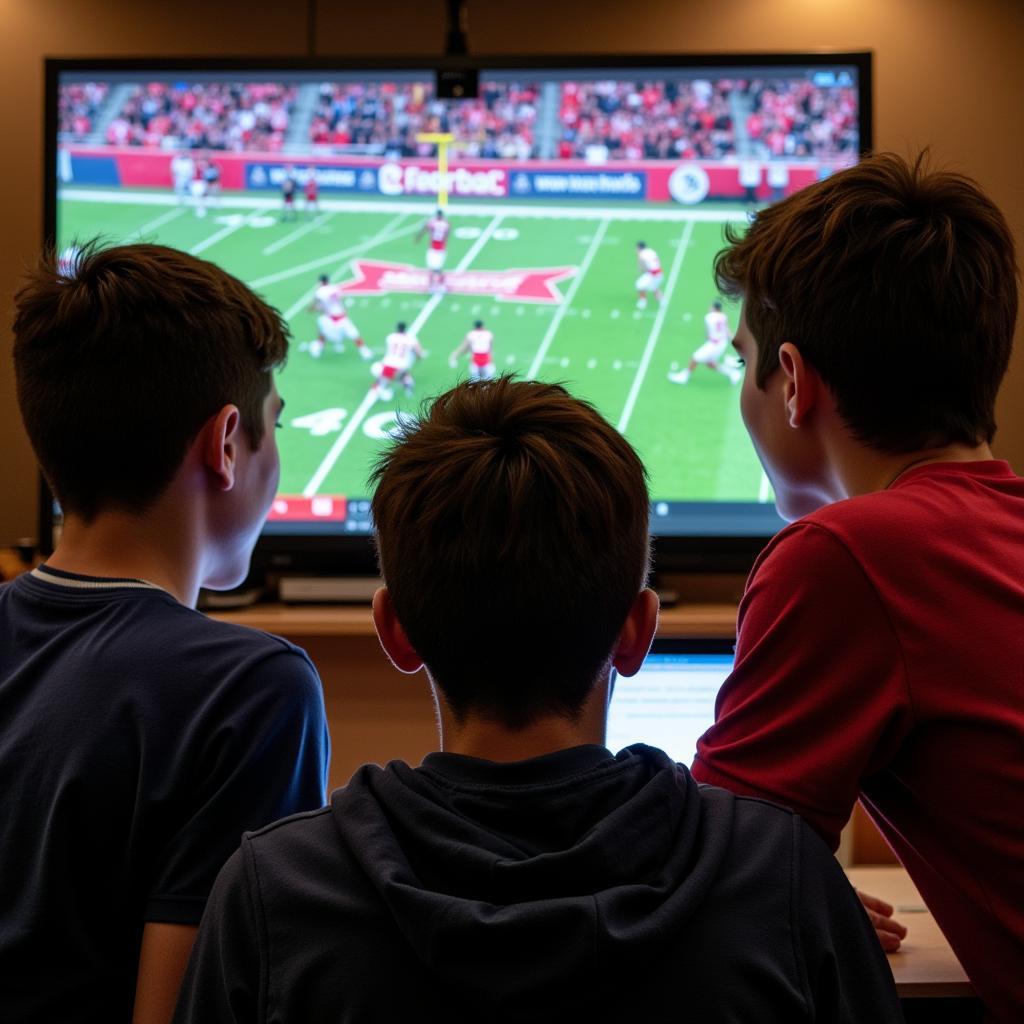 Students watching Fairfax High School football live stream on a laptop