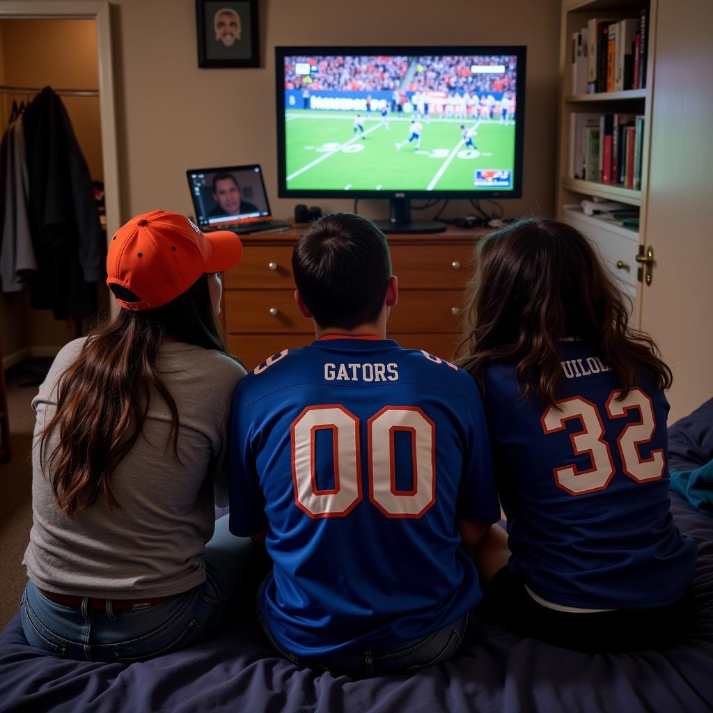 Students watching Florida Gators football live stream on laptop