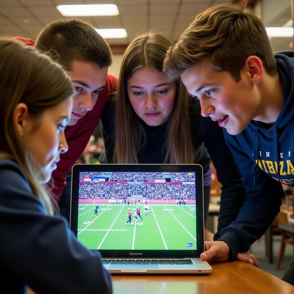 Students huddled together, engrossed in a Frankenmuth High School football live stream on a laptop