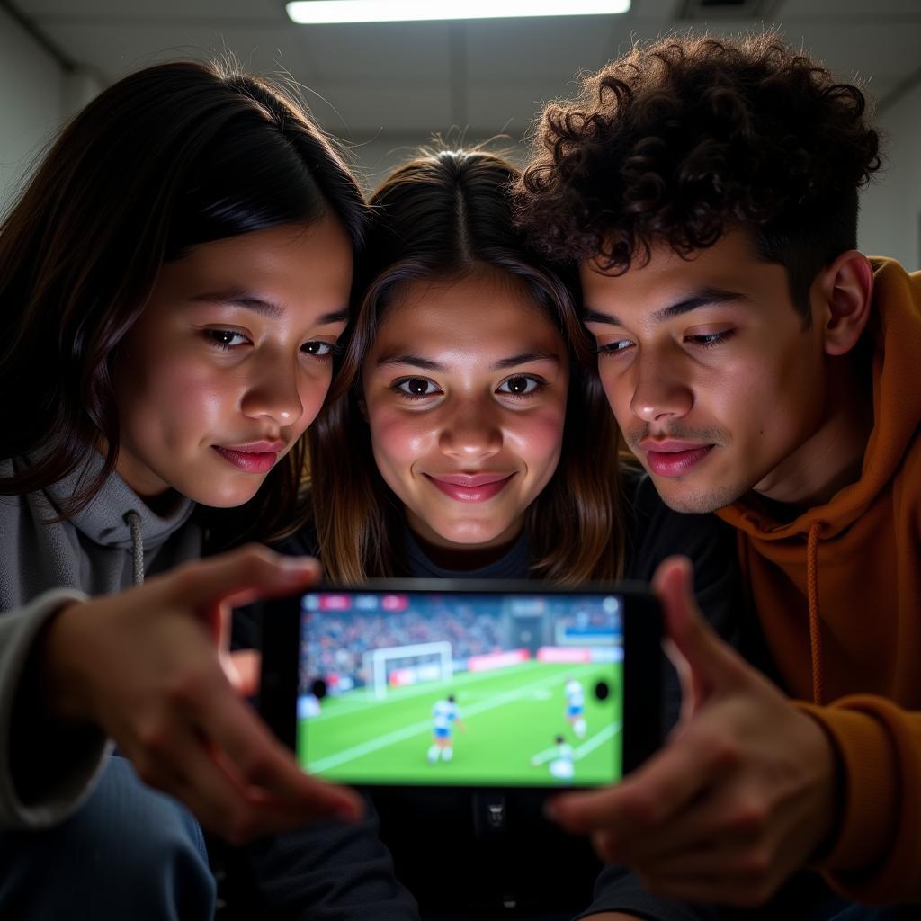 Group of students huddled together watching a high school football live stream on a mobile phone