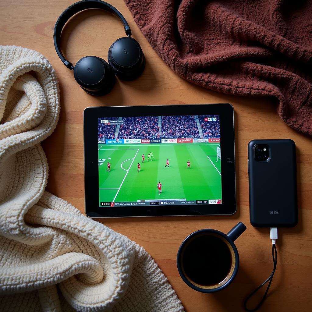 Tablet with football accessories for live streaming