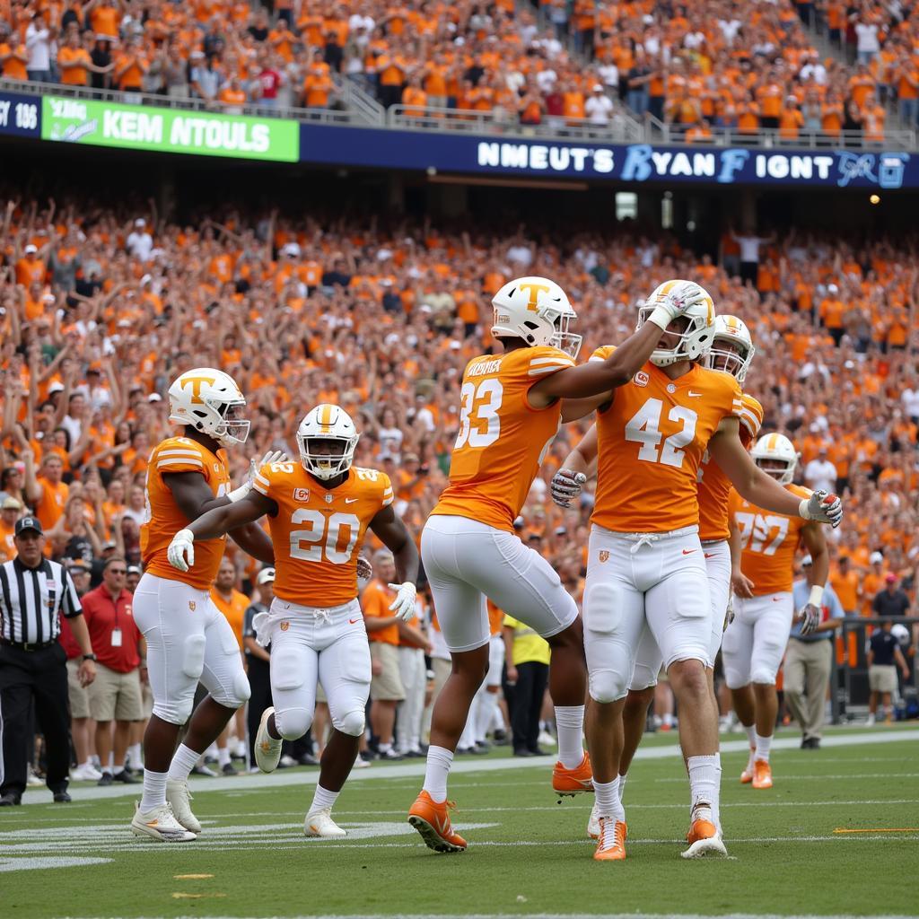 Tennessee Players Celebrate a Touchdown Against Alabama