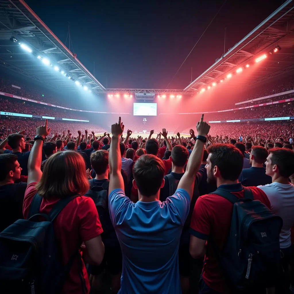 Fans cheering enthusiastically at a UEFA Champions League match