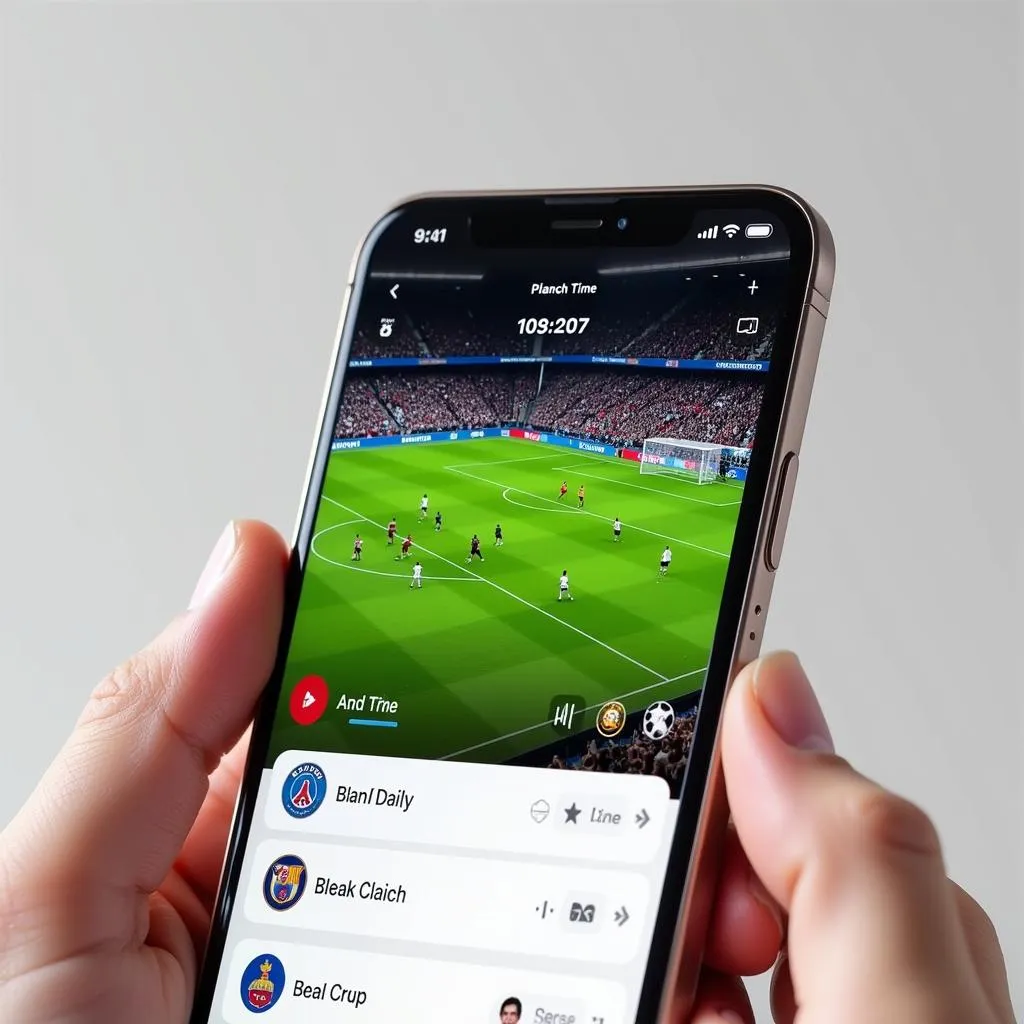 iPhone displaying live football streaming app with match on screen