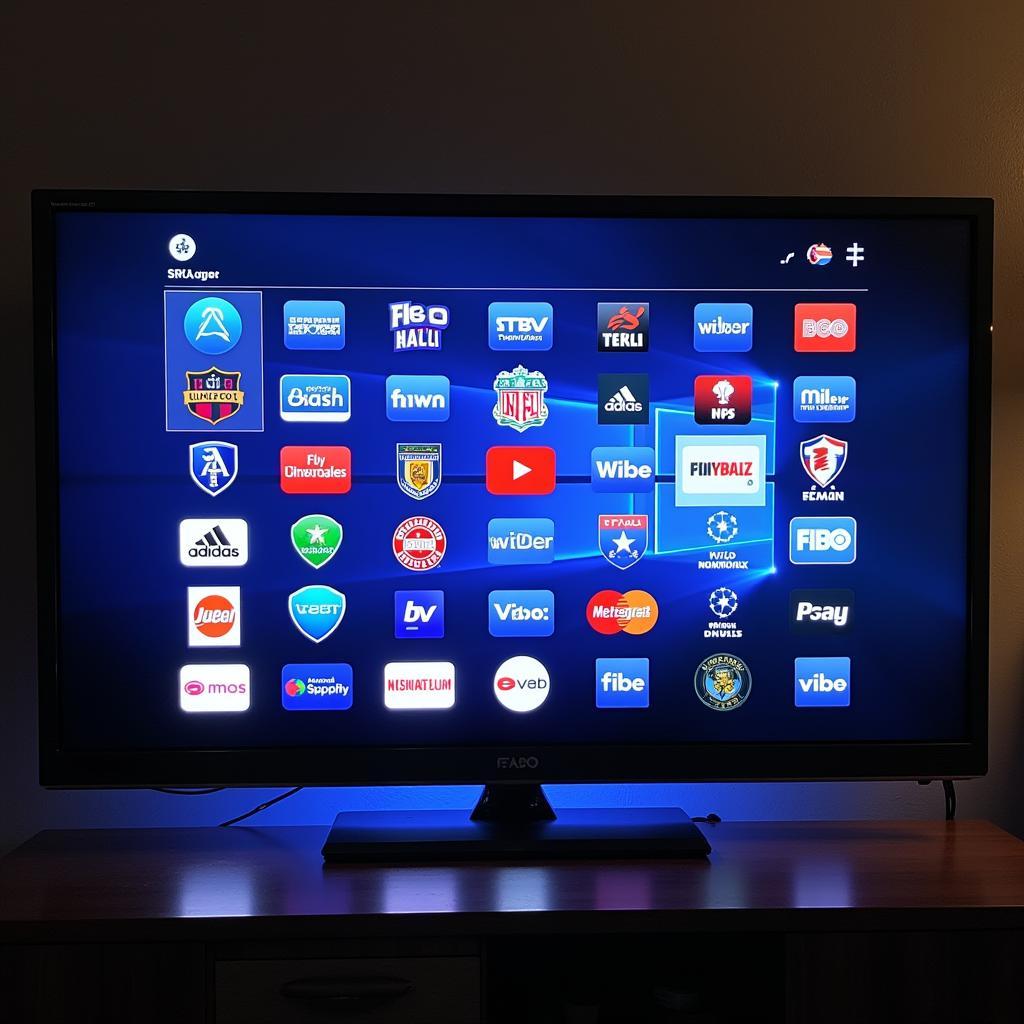 A collection of popular football live streaming app icons displayed on a TV screen