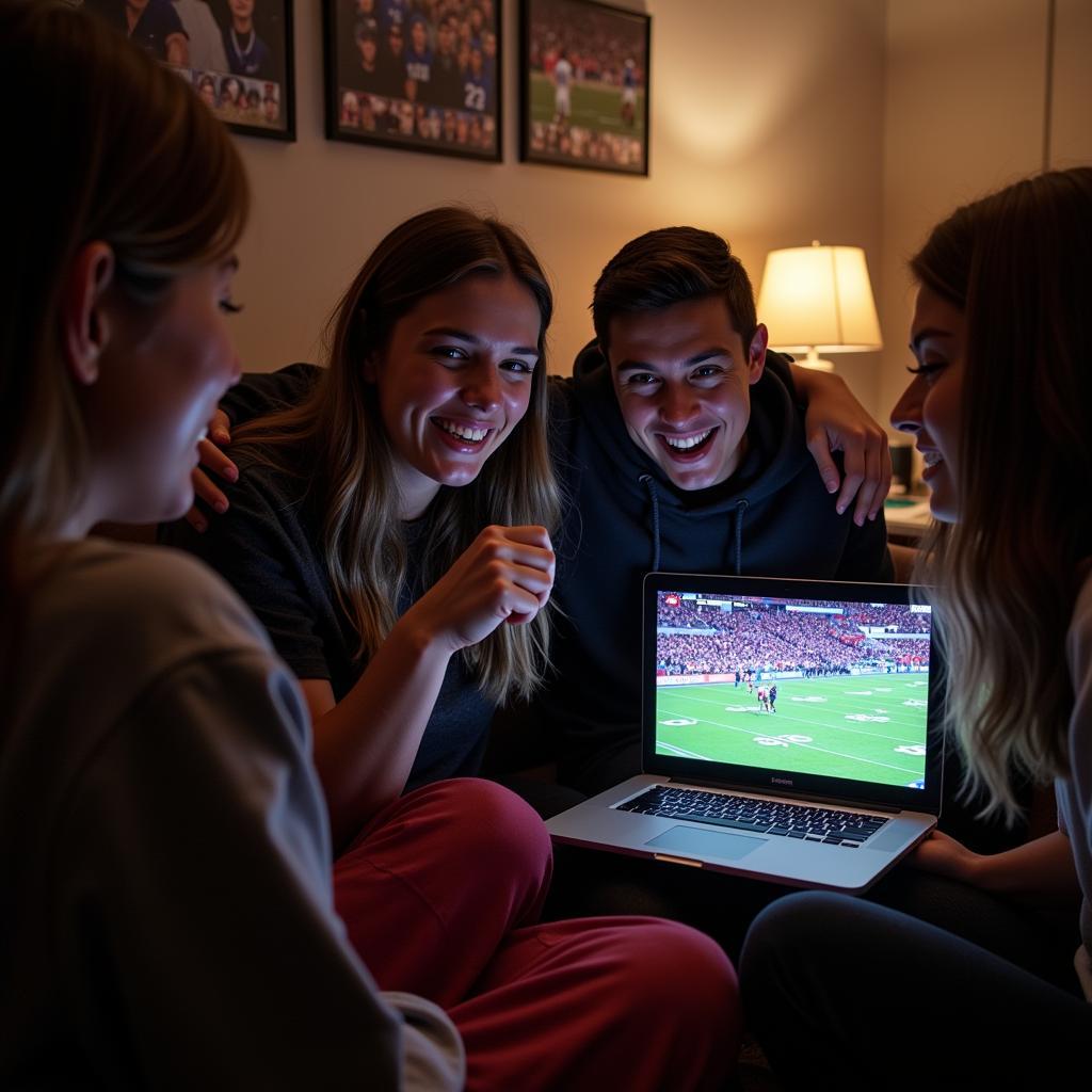 Fans cheering while watching AHSAA football live stream on their laptop