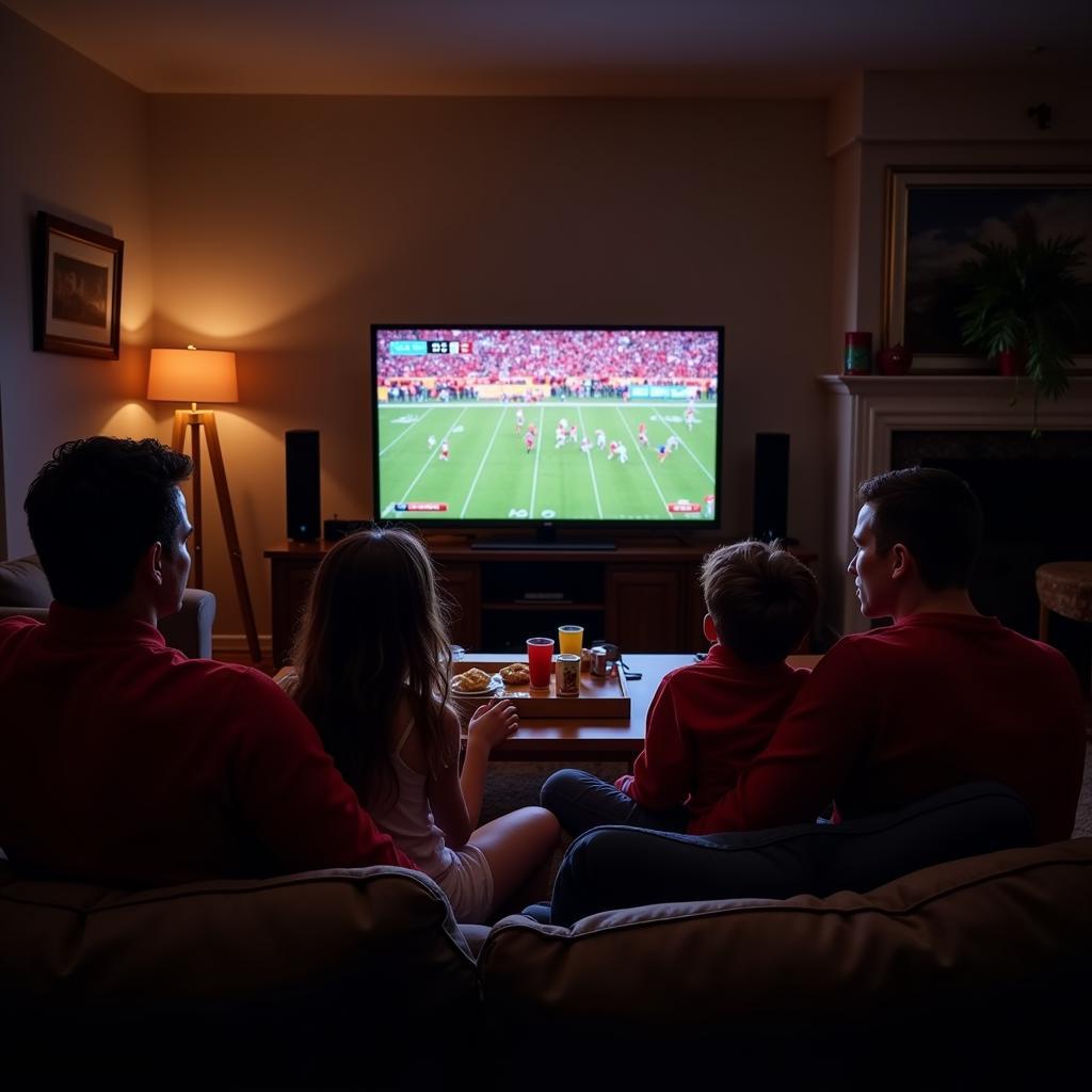 Family watching a Kansas City Chiefs game on TV