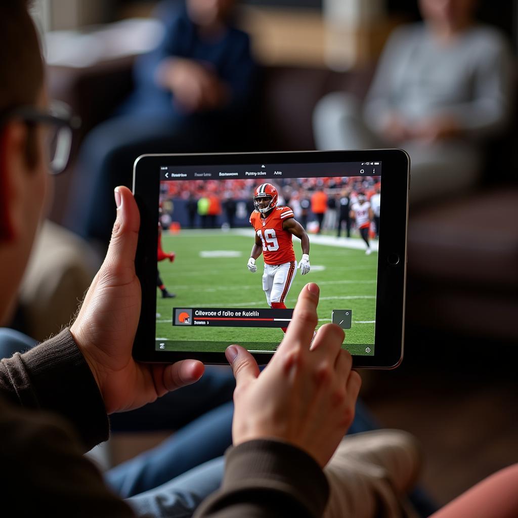 A fan watching the Cleveland Browns game live stream on a tablet