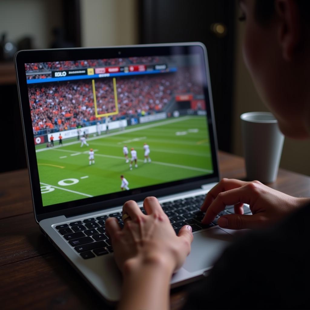 A person watching a college football game live stream on their laptop