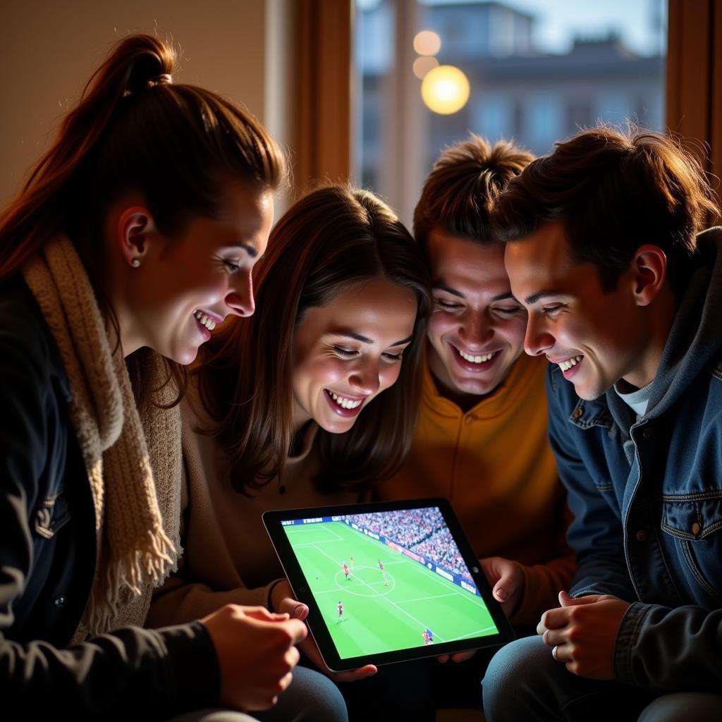 Group of friends watching live football on tablet