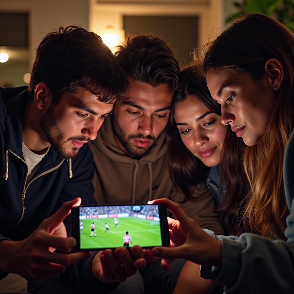 A group of friends enjoying a football match together on a mobile phone