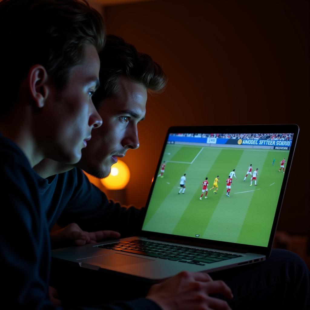 Fans watching live football on laptop