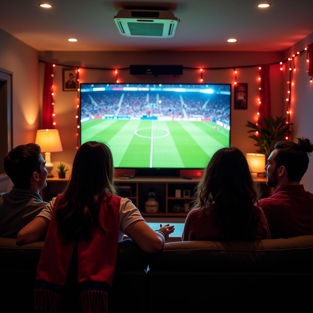 Fans cheering while watching live football on TV