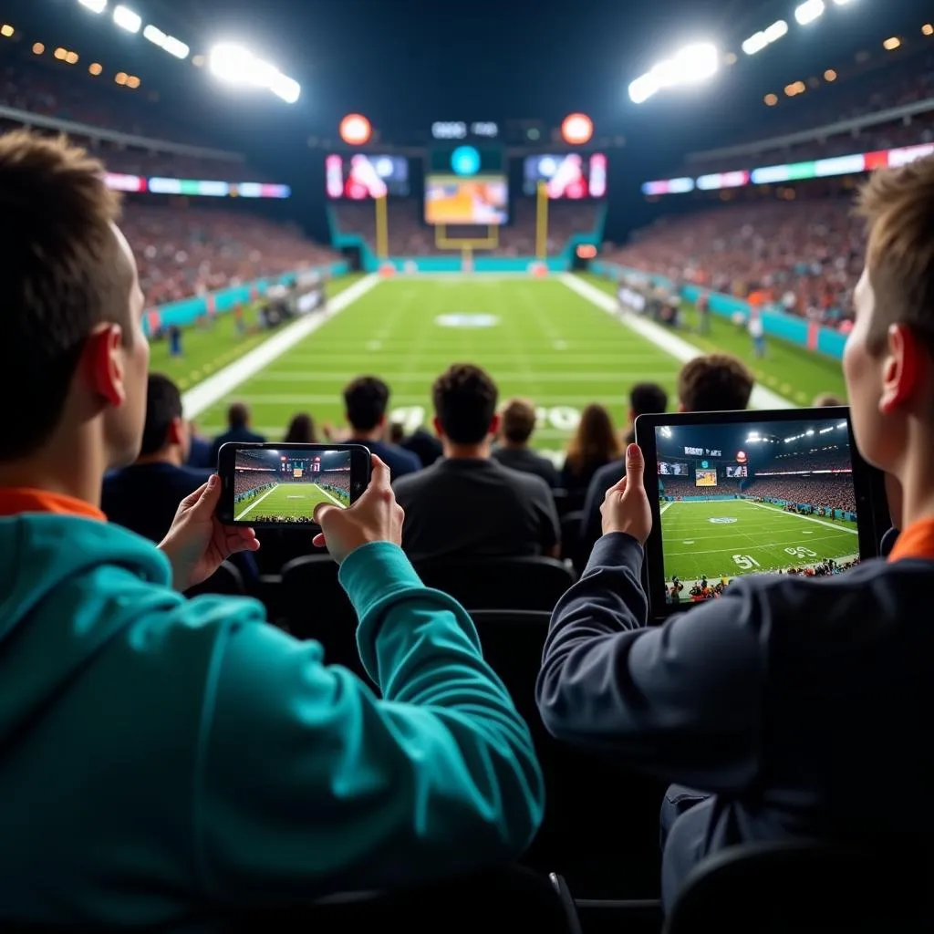 Fans watching Miami Dolphins game live on their phones, tablets, and laptops.