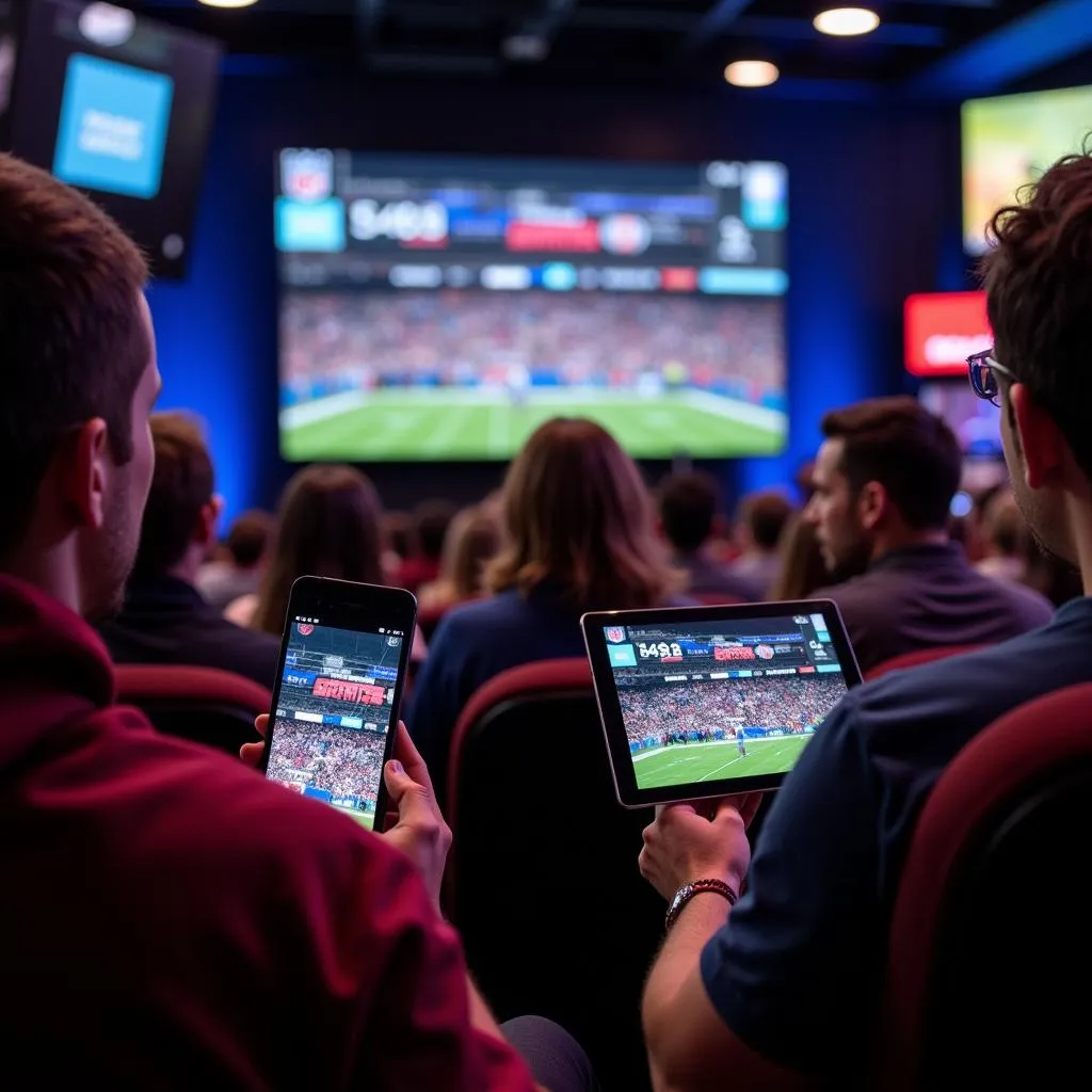 Fans watching NY Giants game on their phones, tablets and laptops