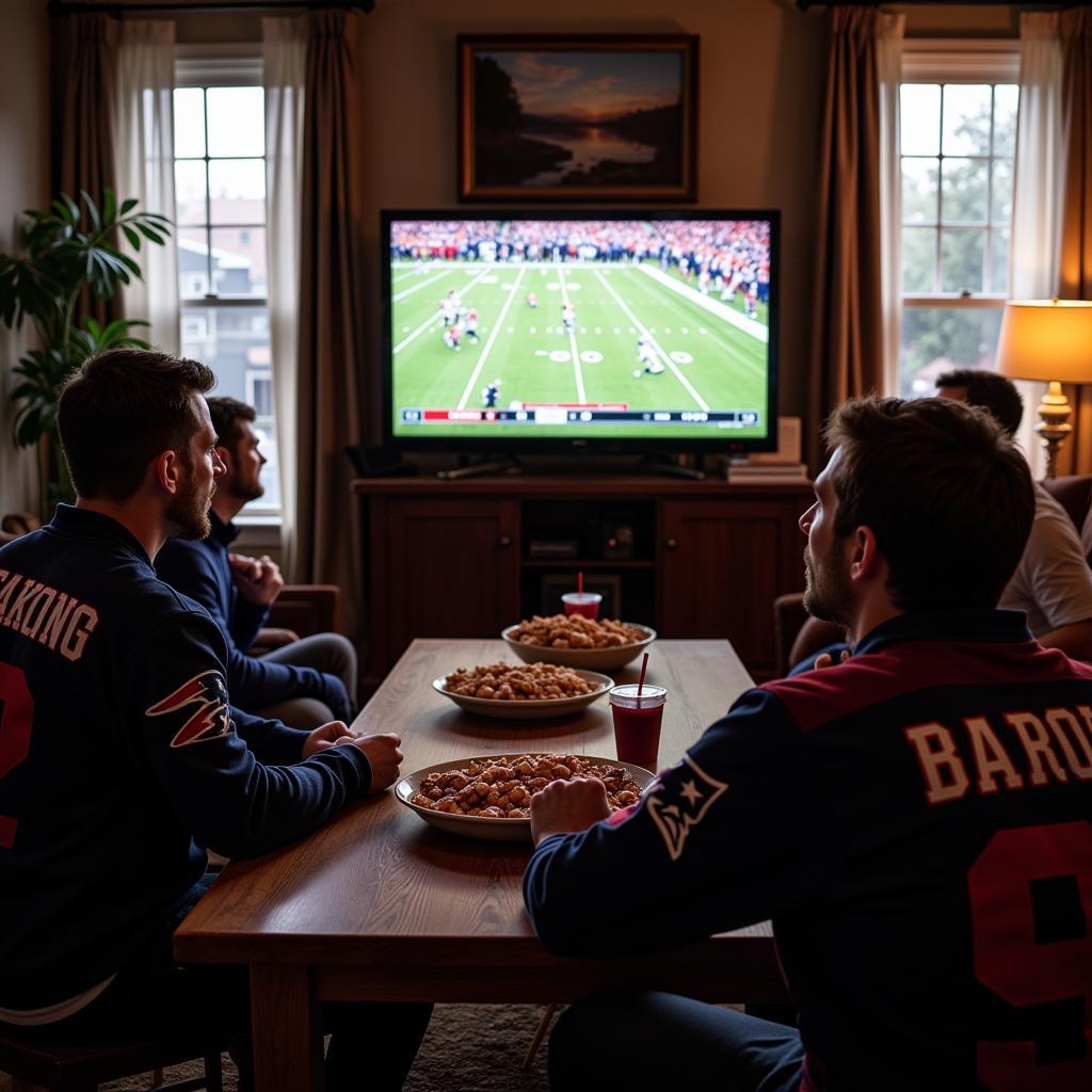 A group of friends enjoying a Patriots game on TV