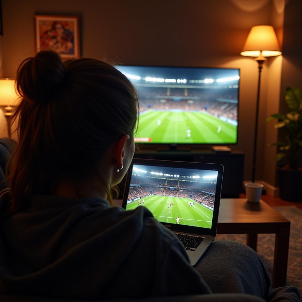 Enjoying a World Cup match on a laptop in a cozy setting