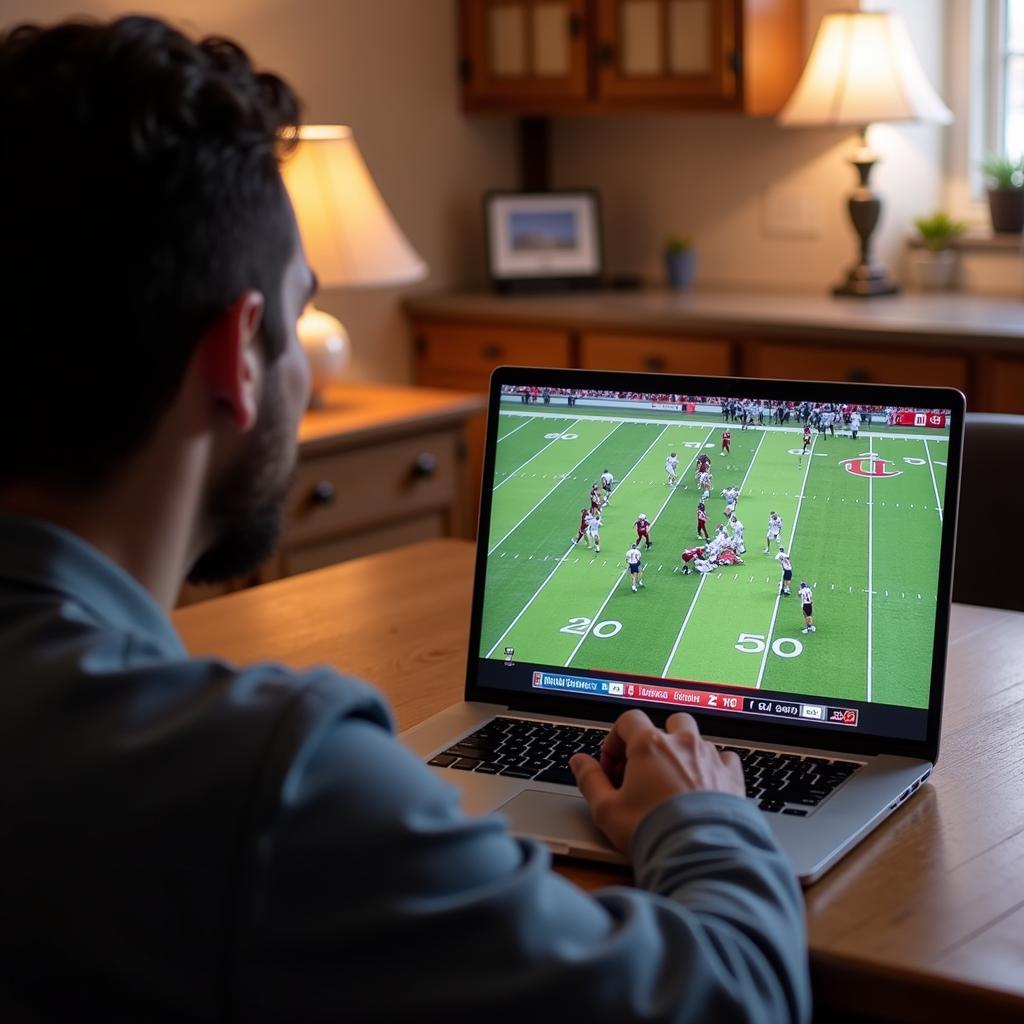 Fan Watching Wisconsin Whitewater Football Live Stream on Laptop