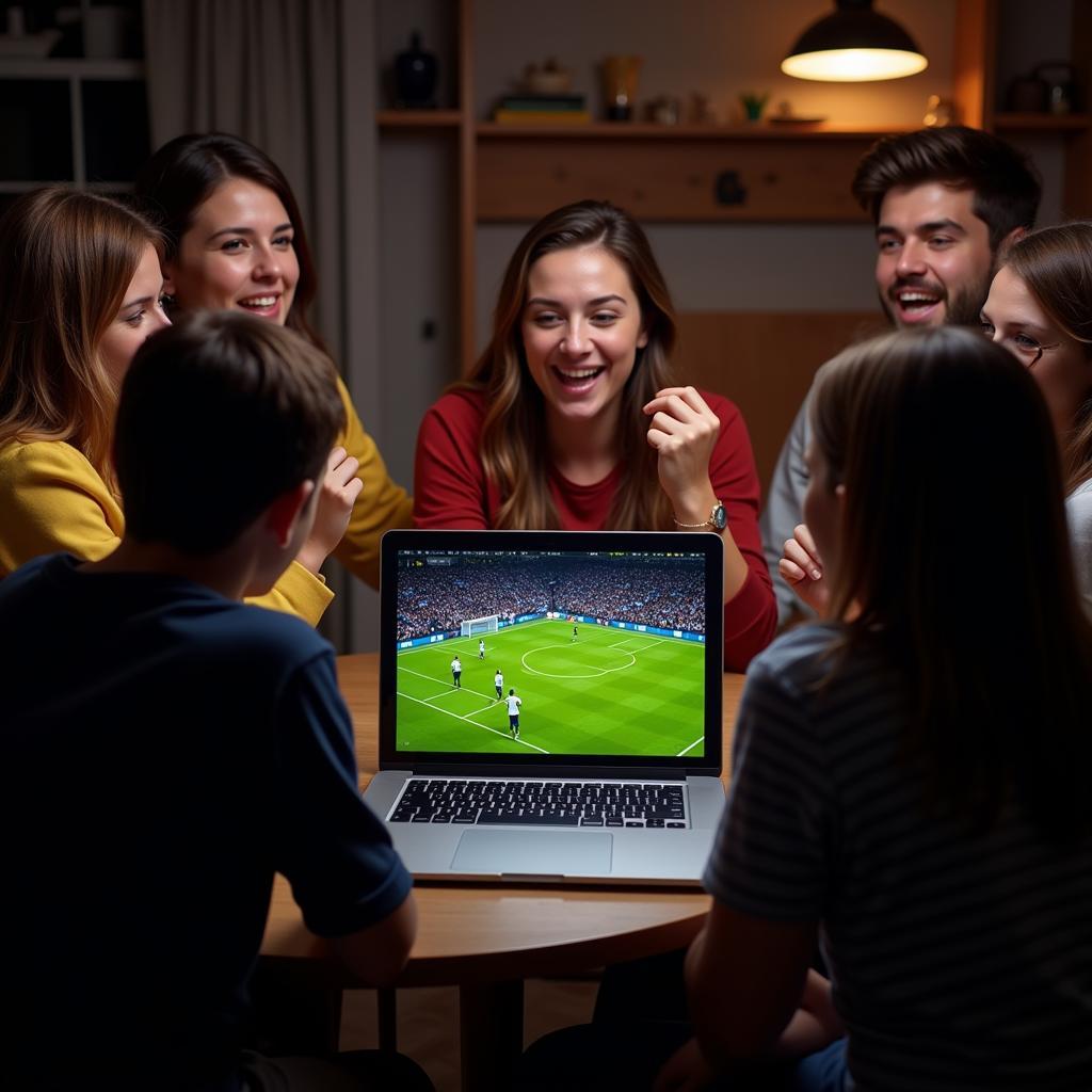 Fans watching football live stream on their laptop