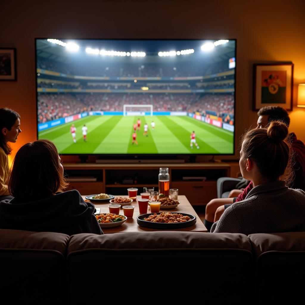 Friends watching football on TV with snacks and drinks