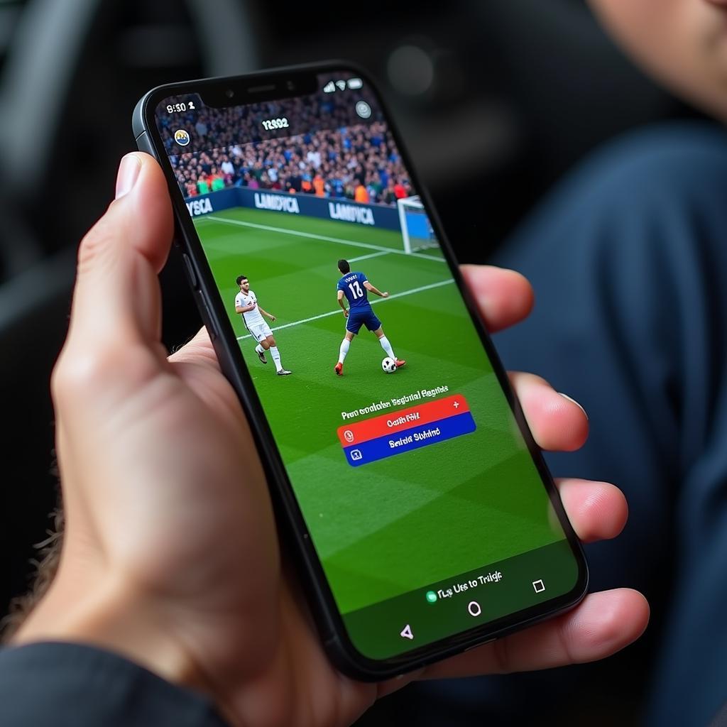 A hand holding a smartphone with a football live streaming app.