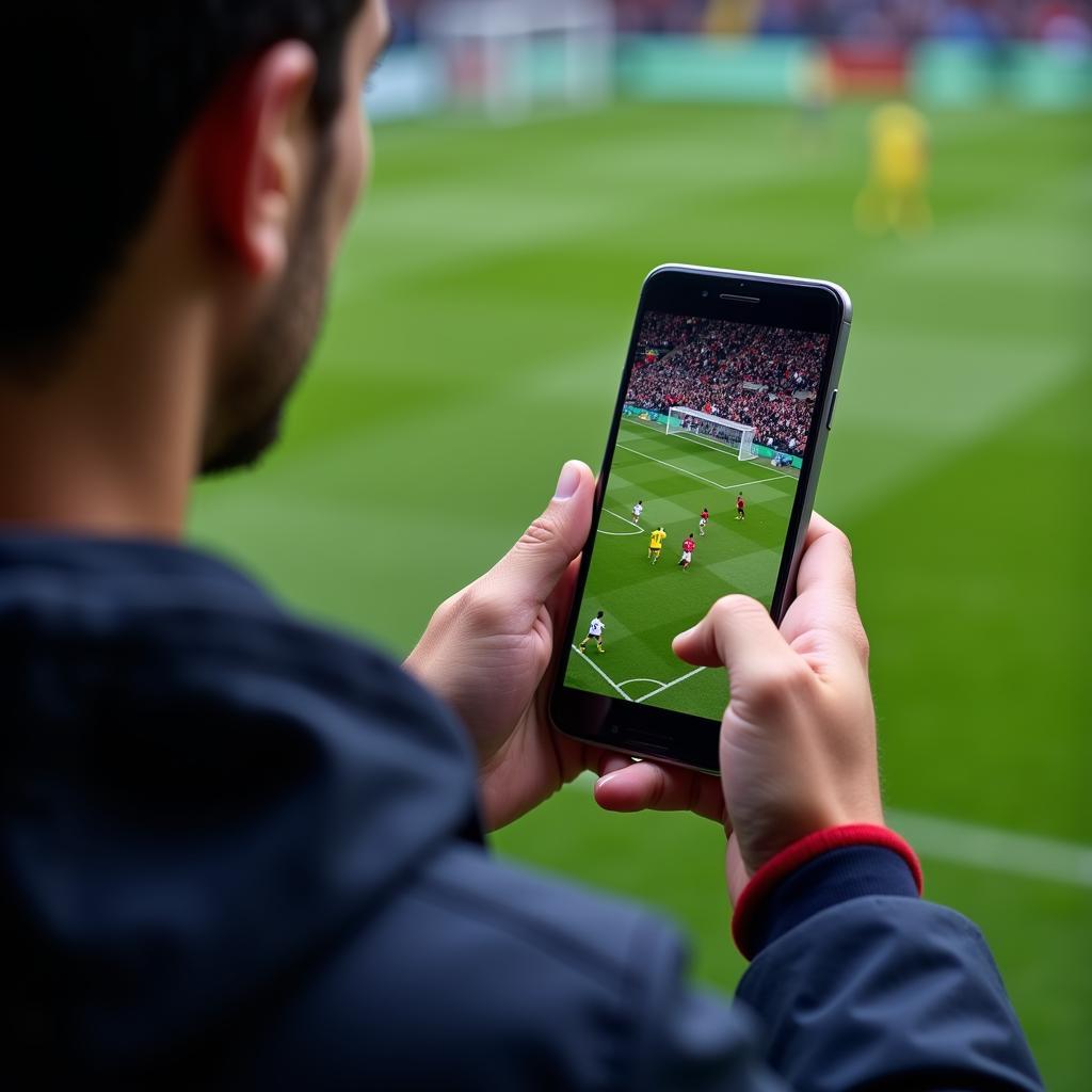 Free Live Premiership Football Streaming Online: Watching a match on a mobile phone.