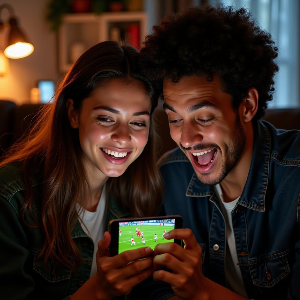 Two friends watching a football match on a smartphone and cheering excitedly.