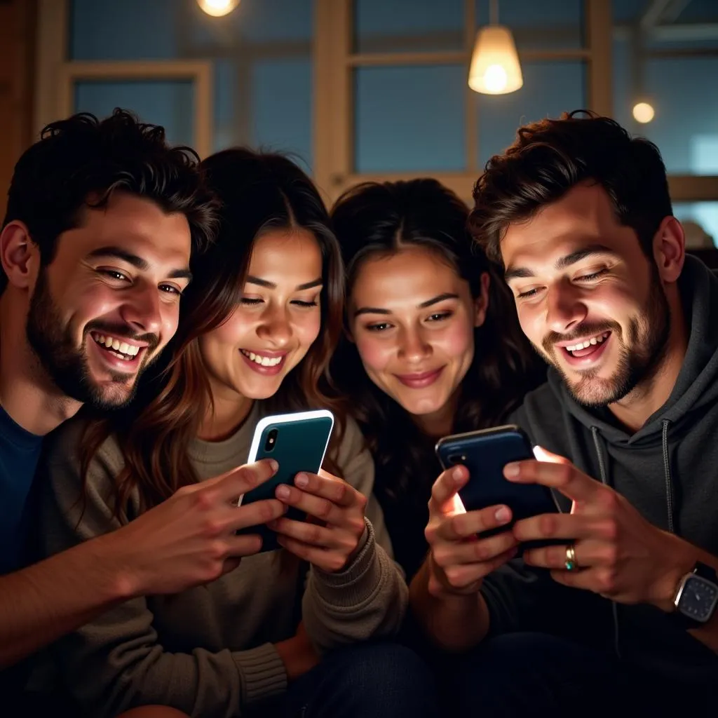 Group of friends watching a live football match on iPhones together.