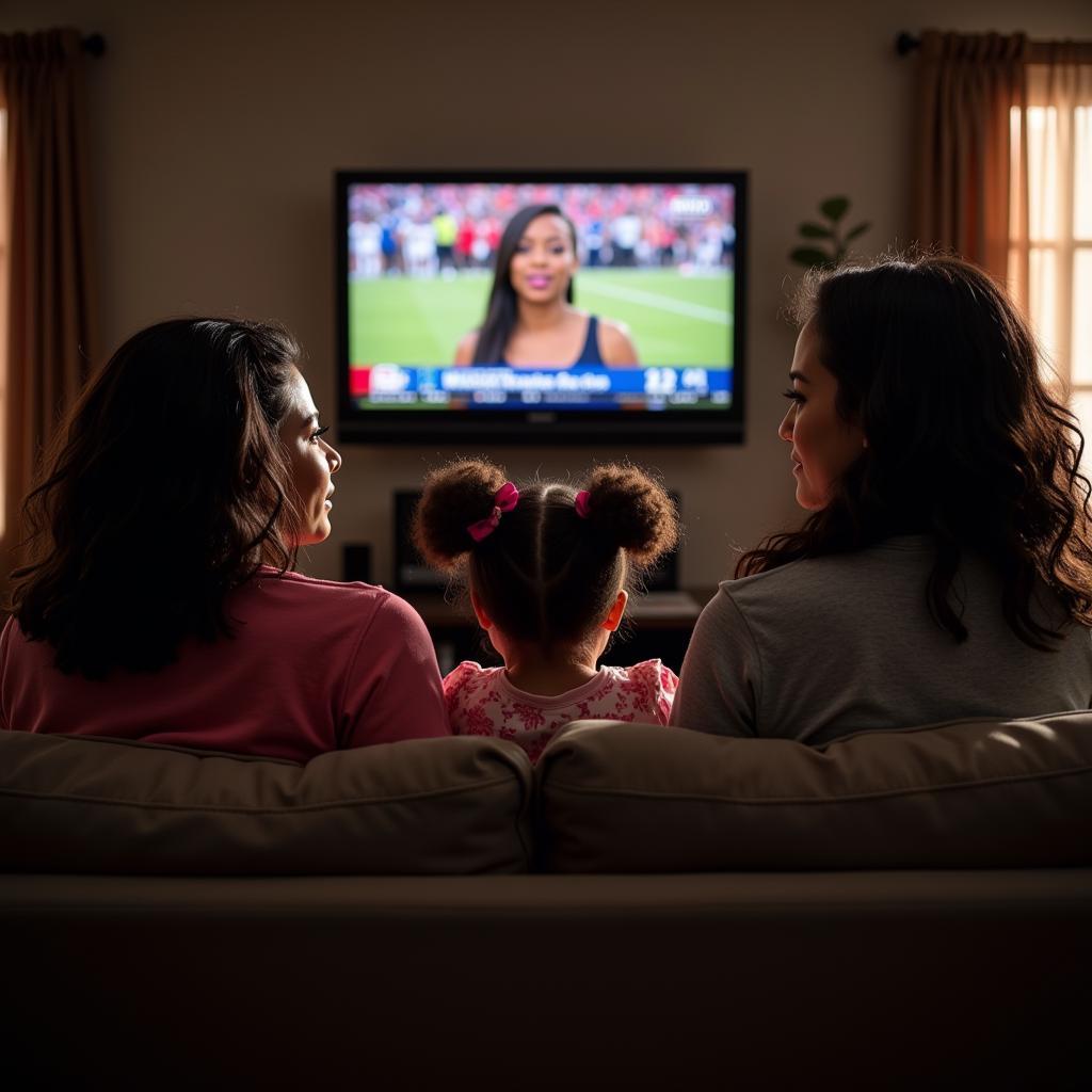 Young Black girl watching college football with family