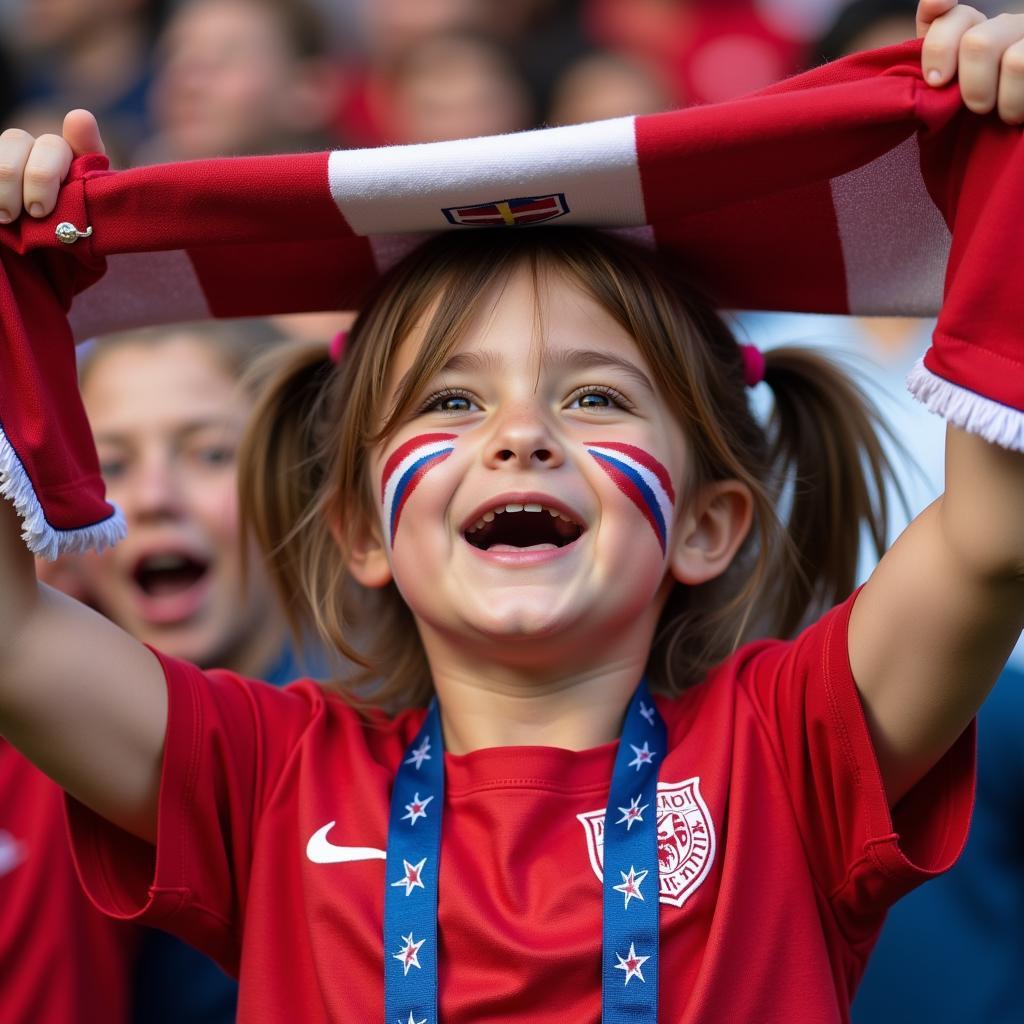 Young fan cheering at a women's football match